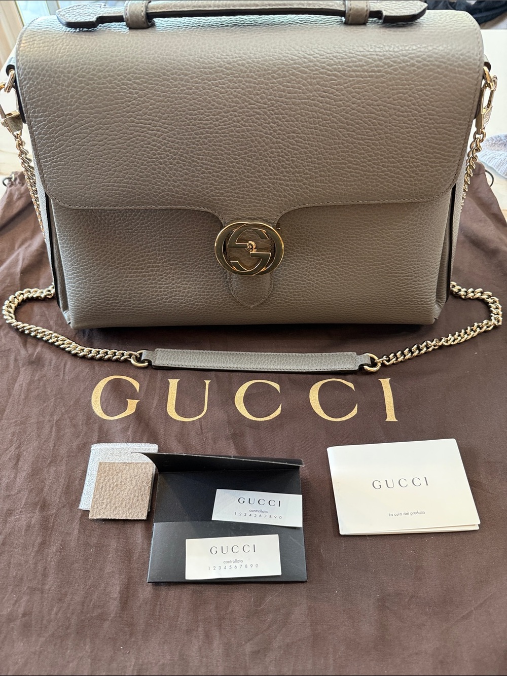 Gucci Taupe Leather Shoulder Bag with Gold Chain